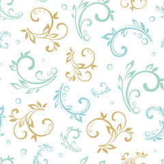 Vector Vintage Green Blue Beige Floral Swirls Seamless Pattern