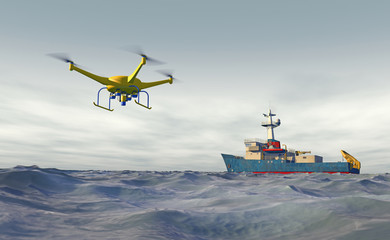 High quality 3D render of a UAV drone flying over water to a distant ship. UAV drone and ship are fictitious. Bright blue partially overcast sky, and motion blur for dramatic effect.