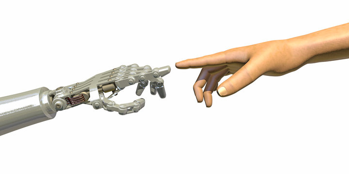 High quality 3D render of a robot hand touching a human hand, representing the relationship between human and artificial intelligence. Warm green reflections on robot hand, isolated on white.
