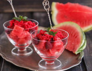 Granite watermelon with mint.selective focus