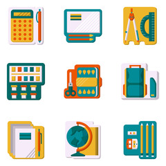 School supplies flat color icons