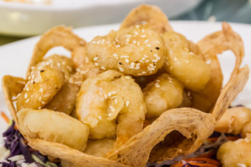 Salad of Deep Fried Shrimps with vegetable.