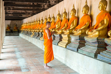 Monk at temple in Ayutthaya - obrazy, fototapety, plakaty