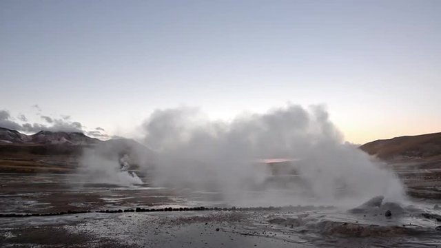 Steaming geyser in the El Tatio geyser field near San Pedro de Atacama in northern Chile