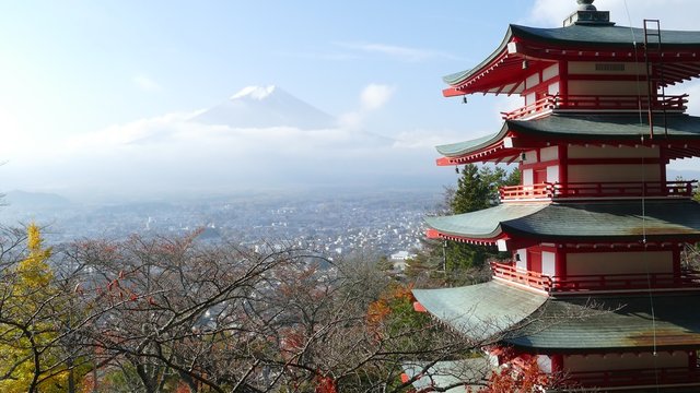 Mt. Fuji with fall colors in Japan.
