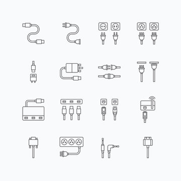 vector linear web icons set - cable wire computer and electricit