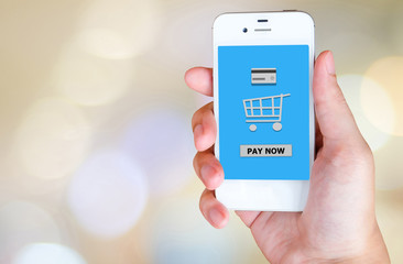 Buy now on smart phone screen in hand, e-business concept