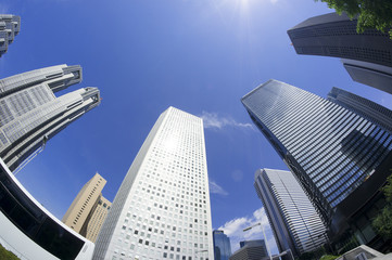 新宿高層ビル街　快晴　青空　超ワイド　魚眼レンズ　見上げる　太陽　フレア　コピースペース