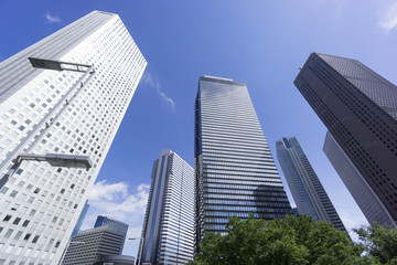 Plakat 新宿高層ビル街　快晴　青空　緑　超ワイド　見上げる　コピースペース