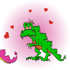 Dinosaur in love with girlfriend hearts fluttering around