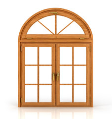 Arched wooden window isolated on white background.