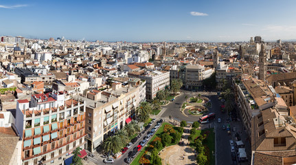 Fototapeta premium Valencia aerial skyline with Plaza de la Reina at Spain. View on the city from Belltower.