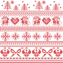 Fototapeta na wymiar Scandinavian nordic xmas pattern with reindeer,rabbits, xmas trees, angels, bow in cross stitch 