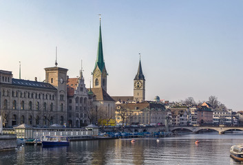 Fototapeta na wymiar view of Fraumunster and st. Peter church, Zurich