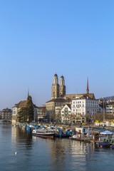 Fototapeta premium view of embankment of Limmat river, Zurich