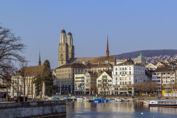 Fototapeta premium view of embankment of Limmat river, Zurich