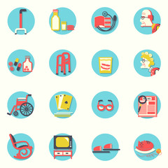 Flat icons.Elderly people and objects for life