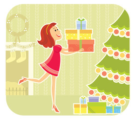 NIce girl with presents boxes in christmas day.