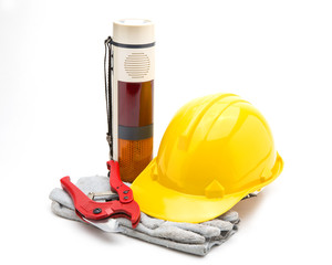 Fototapeta premium Construction tools on white background. Arrangement of hard hat,