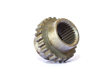 A single steel gear isolated on a white background