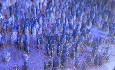 3D render of an abstract Landscape made of tiny cubes