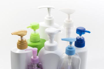 Close up Plastic bottle of skin care product on white background