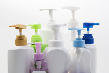 Close up Plastic bottle of skin care product on white background