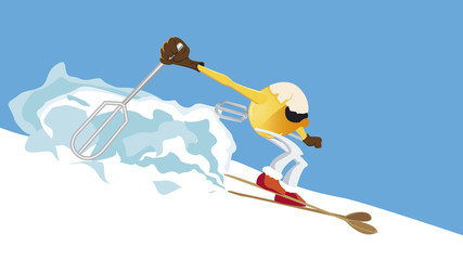 Un œuf faisant du ski avec des cuillères en bois et des spatules