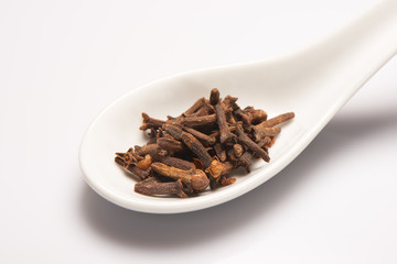 Cloves in white ceramic spoon on white background