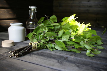 Traditional sauna and whisk called "vihta" made of birch in Finland
