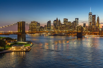 New York City Brooklyn Bridge buildings evening sunset skyline