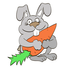 happy bunny holding in the paws of a large carrot