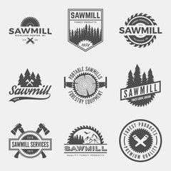 vector set of sawmill labels, badges and design elements