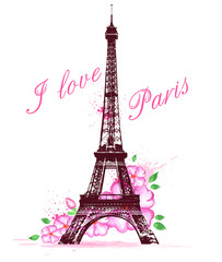 Fototapeta na wymiar Pink watercolor flowers and Eiffel Tower