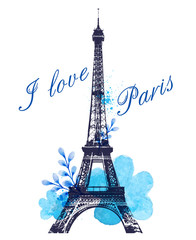 Fototapeta na wymiar Blue watercolor flowers and Eiffel Tower