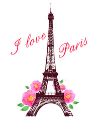 Fototapeta na wymiar Watercolor roses and Eiffel Tower