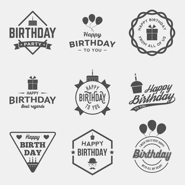 happy birthday vintage labels set. vector illustration