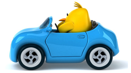 Yellow bird in a car