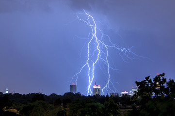 Lightning during spectacular storm in Warsaw, Poland