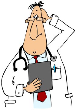 This illustration depicts a doctor wearing a lab coat looking at a clipboard and scratching his head.