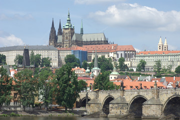 Fototapeta premium View of colorful old town and Prague castle with river Vltava, Czech Republic
