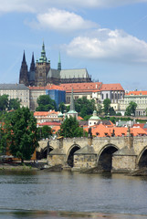 View of colorful old town and Prague castle with river Vltava, Czech Republic