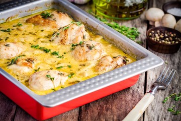 Baked chicken legs in mustard sauce with mushrooms