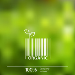 Vector blurred nature background with eco barcode label of Organic Fresh Food.