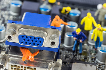 Team of engineers repairing circuit mother board. Computer repai