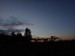 Obraz premium Догорающий розовый закат и синее небо с перистыми облаками поздним летним вечером