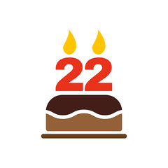 The birthday cake with candles in the form of number 22 icon. Birthday symbol. Flat