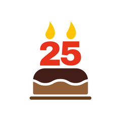 The birthday cake with candles in the form of number 25 icon. Birthday symbol. Flat