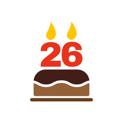The birthday cake with candles in the form of number 26 icon. Birthday symbol. Flat