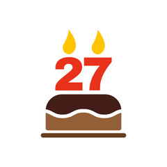 The birthday cake with candles in the form of number 27 icon. Birthday symbol. Flat
